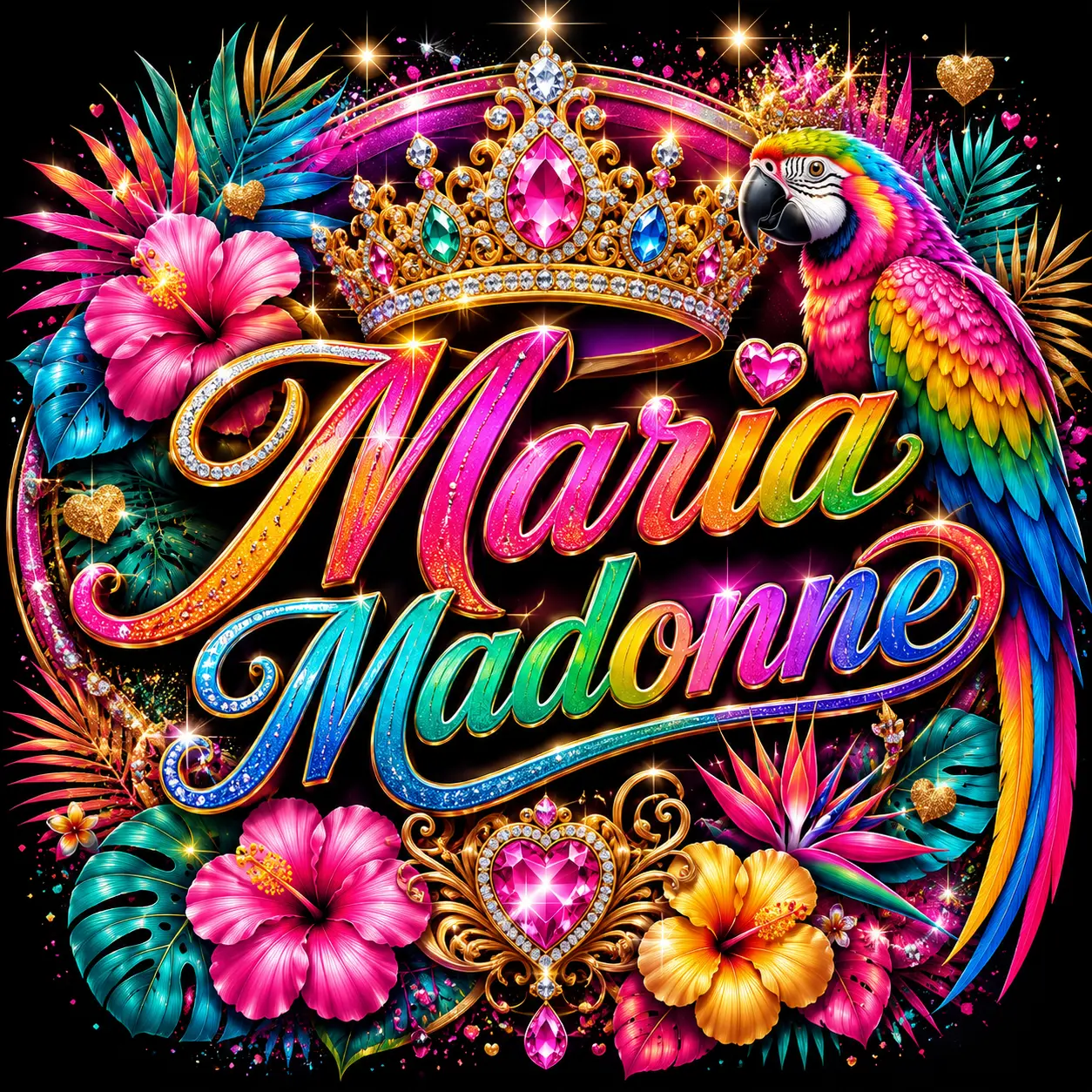 Emblème Maria Madonne avec couronne, perroquet et fleurs tropicales