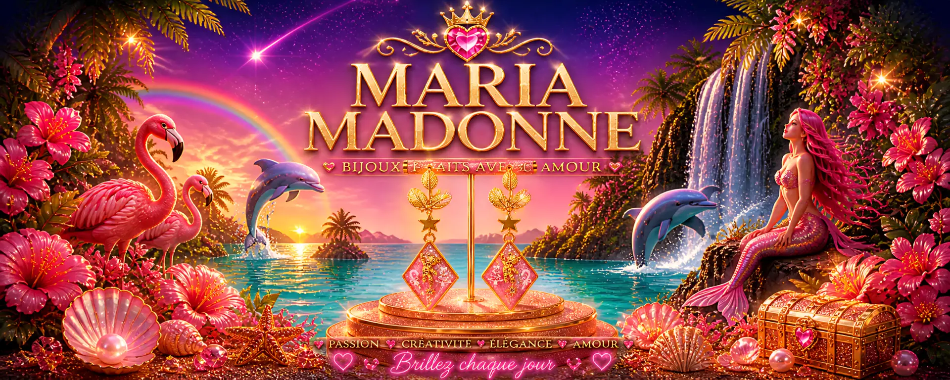 Univers MARIA MADONNE avec flamants roses, dauphins et sirène
