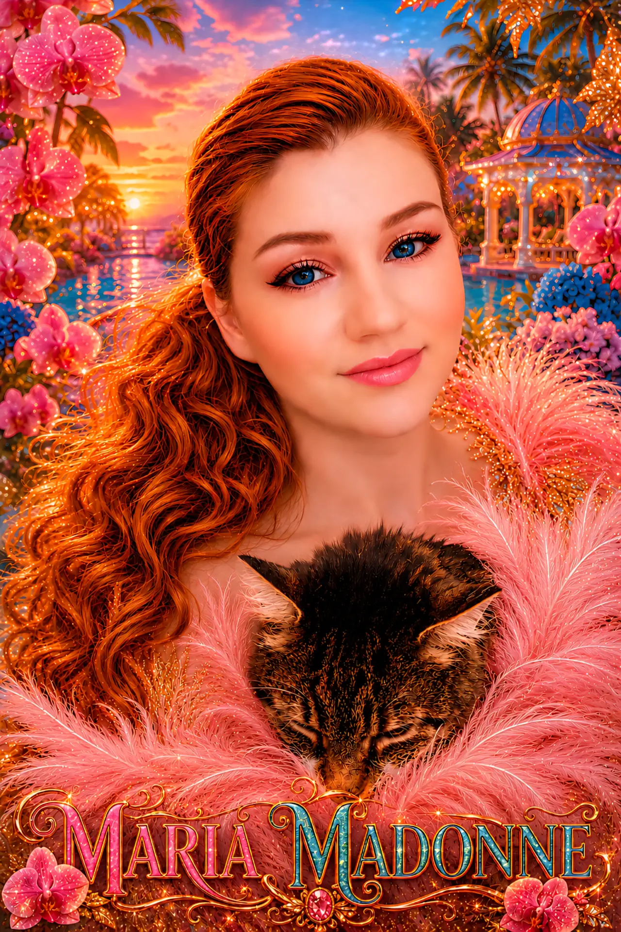 Maria Madonne avec son chat dans un décor fleuri