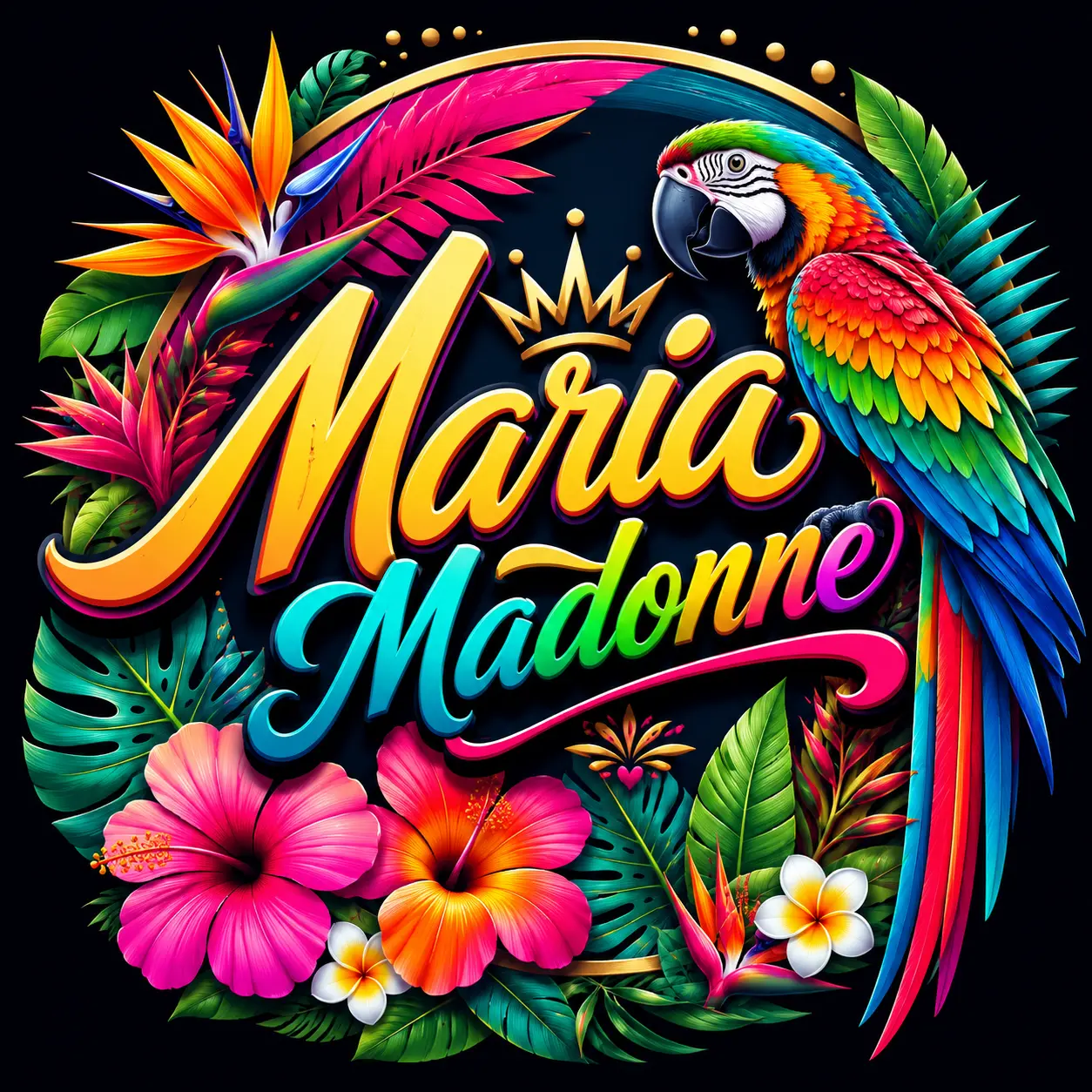 Logo coloré Maria Madonne avec perroquet et fleurs