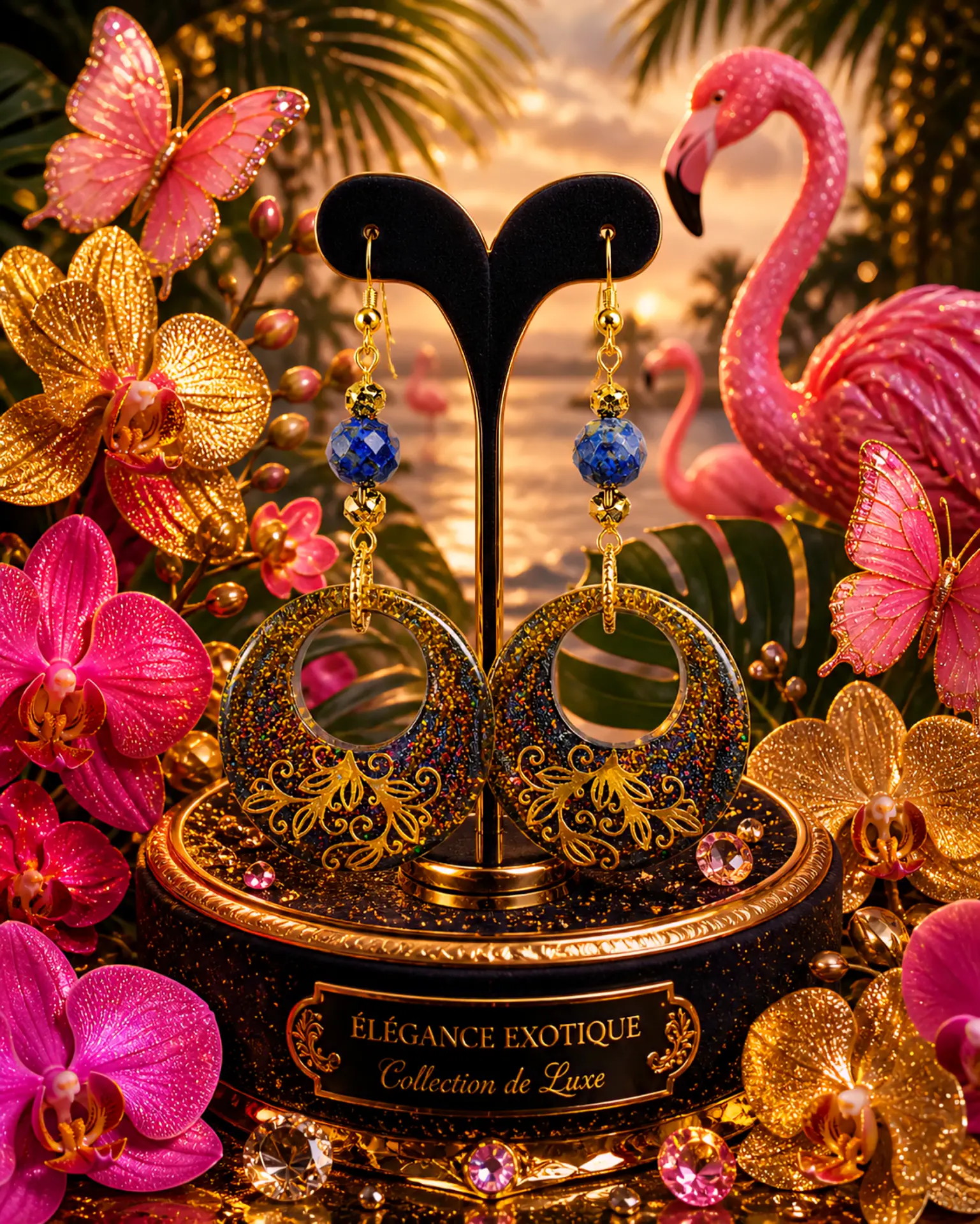 Boucles d'oreilles Élégance Exotique pailletées dorées