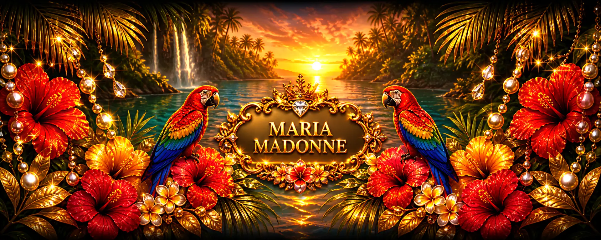 Univers Maria Madonne avec perroquets, hibiscus et lagon au coucher du soleil