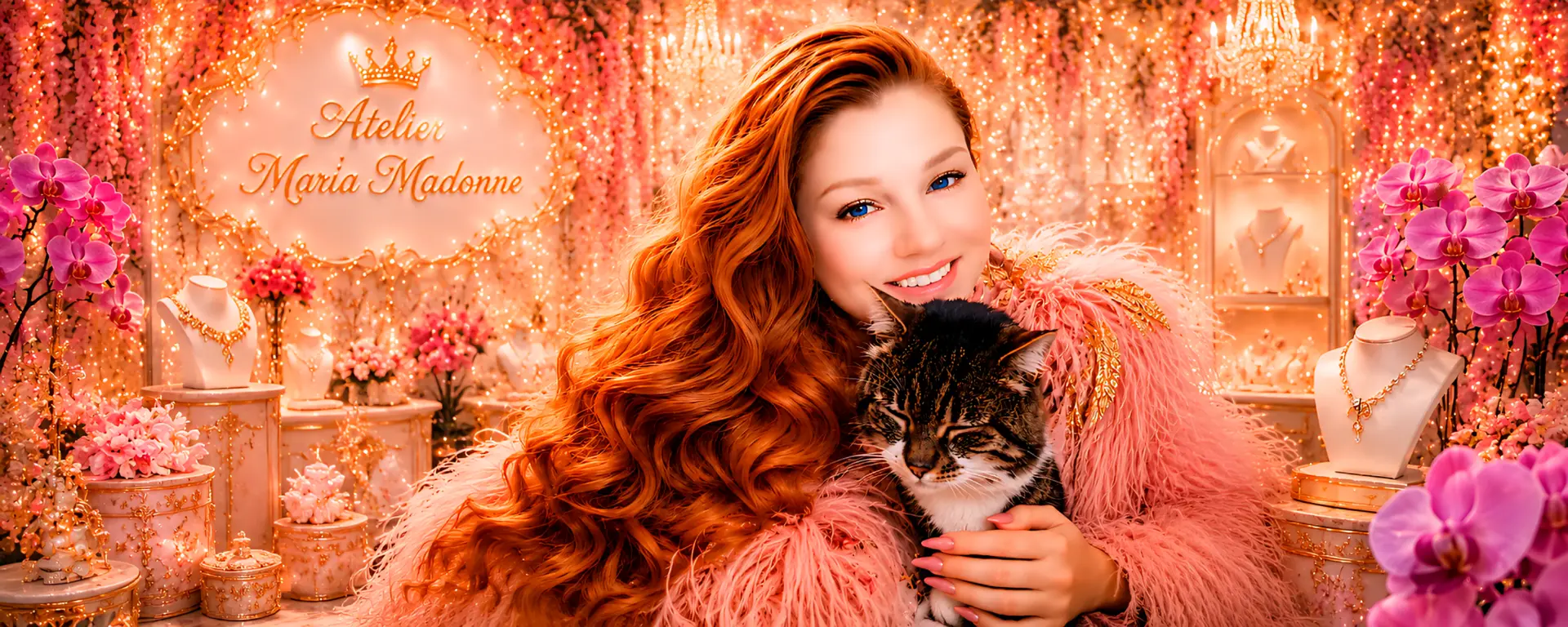 Maria Madonne avec son chat dans son atelier rose