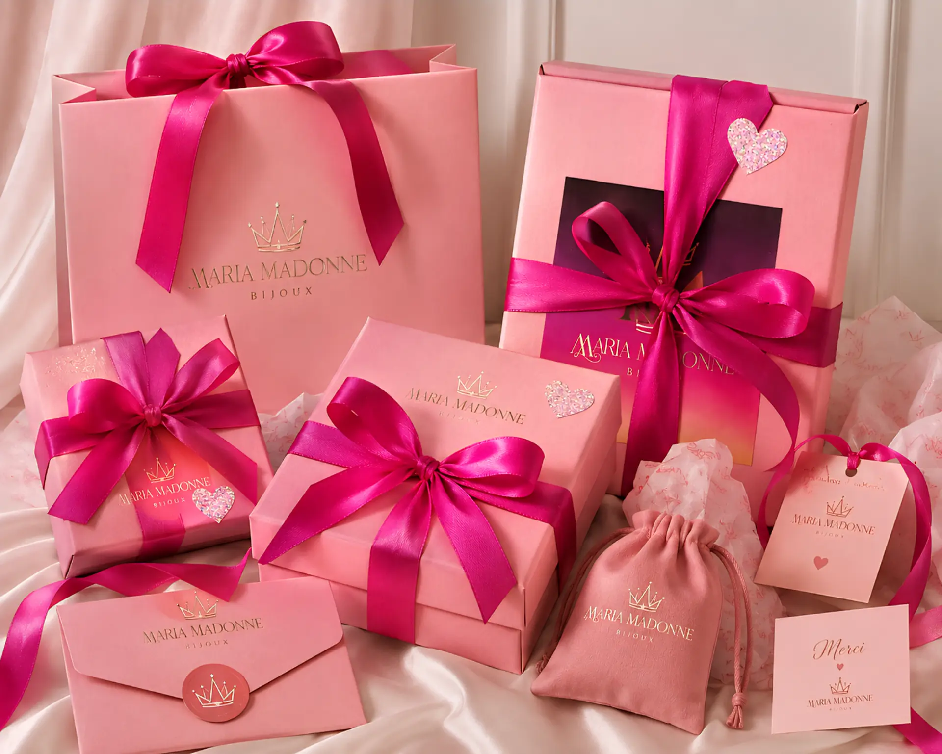 Coffrets cadeaux roses préparés par Maria Madonne